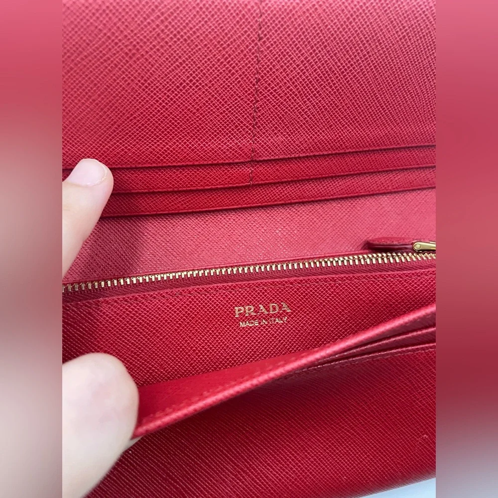 Prada - Saffiano Leather | Double Snap Long Wallet - Red | Gold Hardware - $1020 - Picture 6 of 16